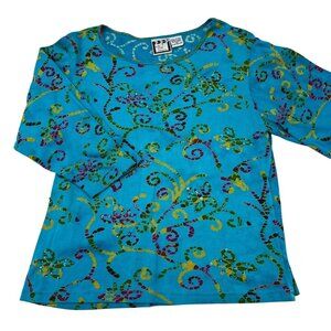 Take Two Clothing‎ Co Y2K 3/4 Sleeve Turquoise Cotton Floral Print Womens Top XL